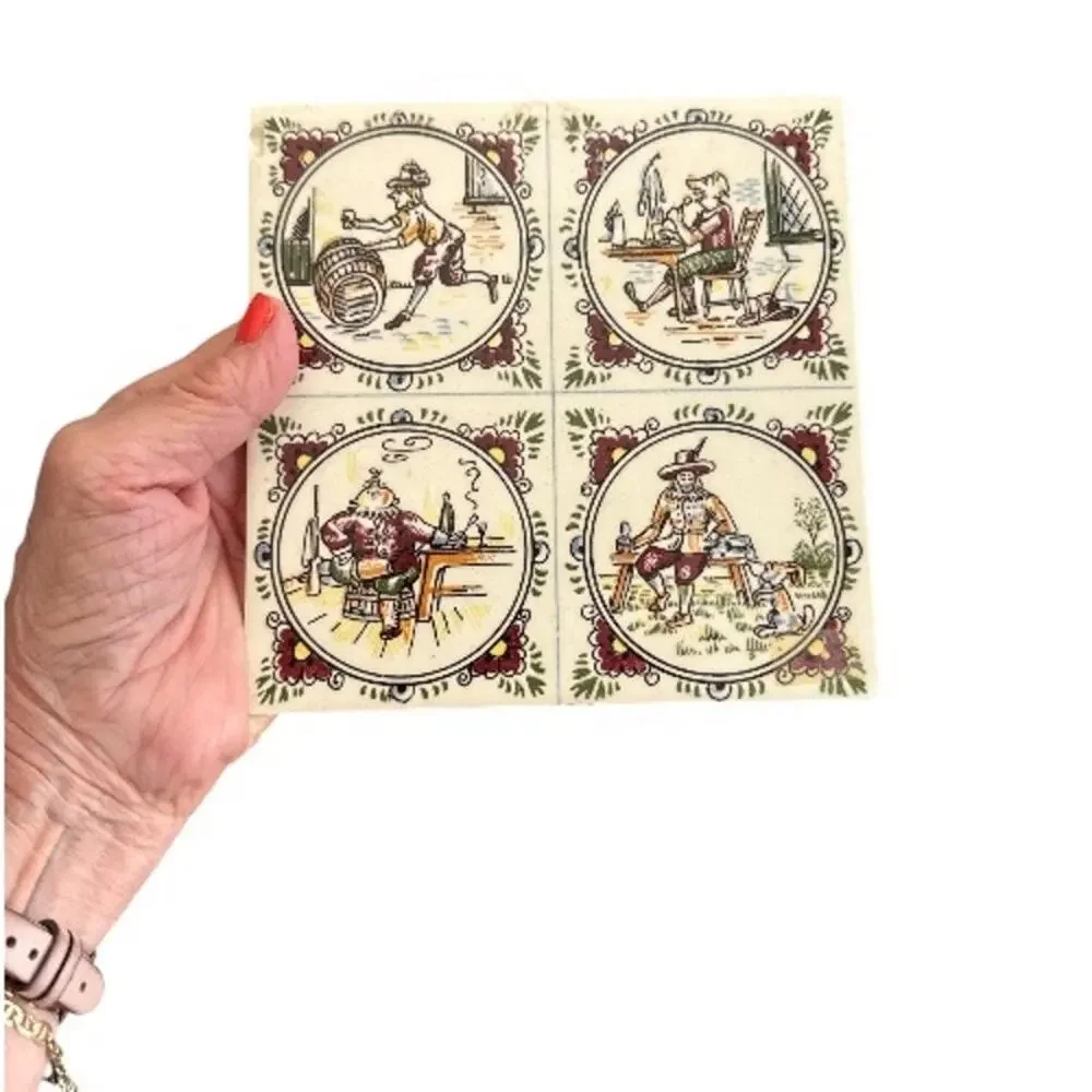 Set of 3 Vintage Delft Hand Painted Unique Colorful 6” Ceramic Tiles